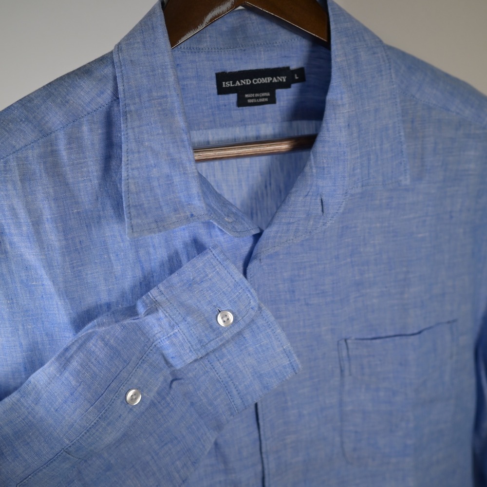 Island Company $149. Mens Large Blue‎ 100% Linen Long Sleeve Button Down Shirt